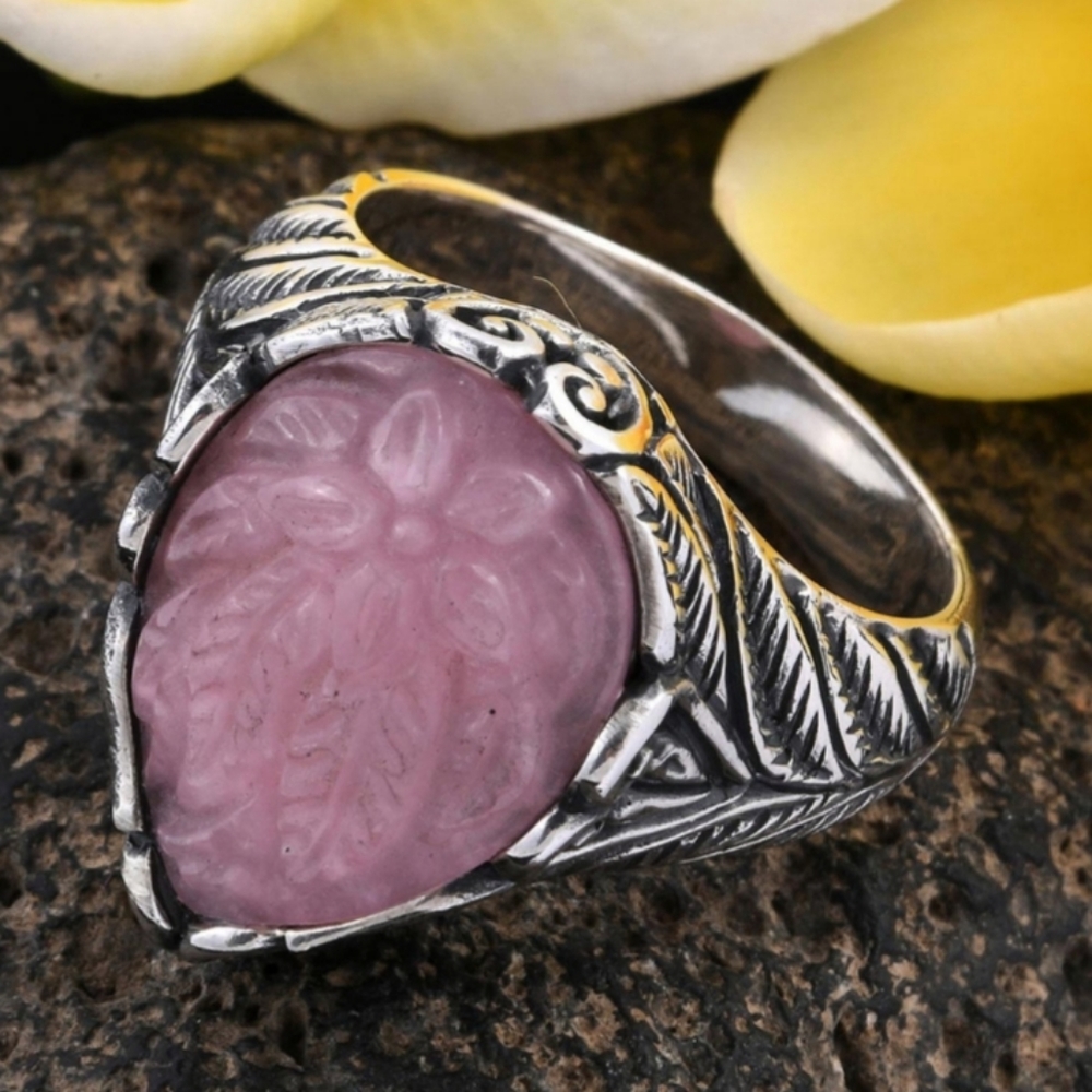 Bali Legacy Burmese Pink Jade Carved Ring